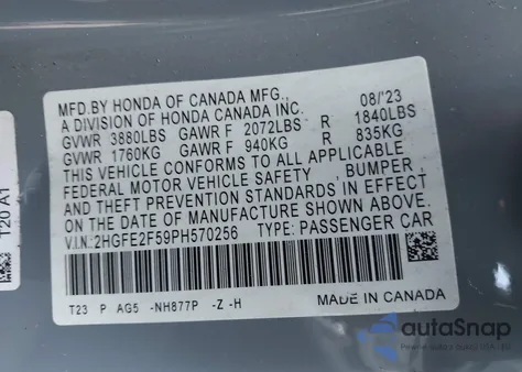 2023 Honda Civic Sport z USA, uszkodzony, nr VIN 2HGFE2F59PH570256